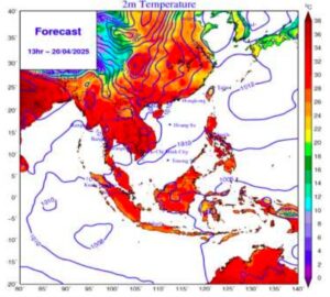 Bản đồ dự báo nhiệt độ cao nhất trong 24 giờ tới. Ảnh: Trung tâm Dự báo khí tượng thủy văn quốc gia