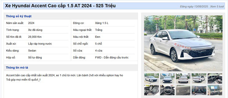 Một chiếc New Hyundai Accent Cao Cấp 1.5 AT 2024 đã qua sử dụng được rao bán lại (Ảnh: Chụp màn hình). 